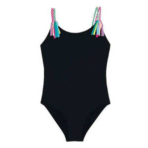 Beach Lingo Big Girls Braided Rainbow Fringe-Detail Black One-Piece Swimsuit 14